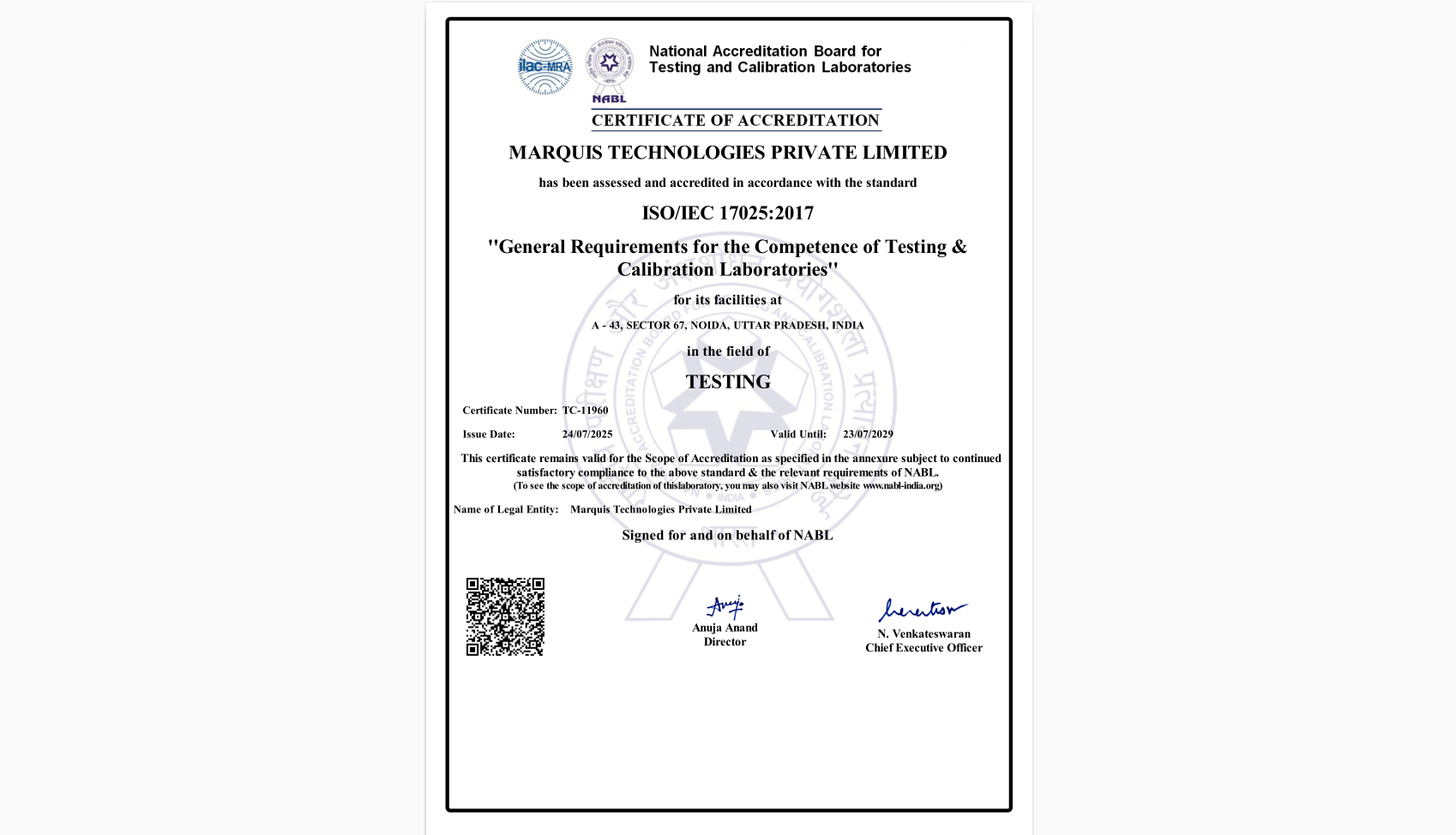 Preview of NABL Certificate